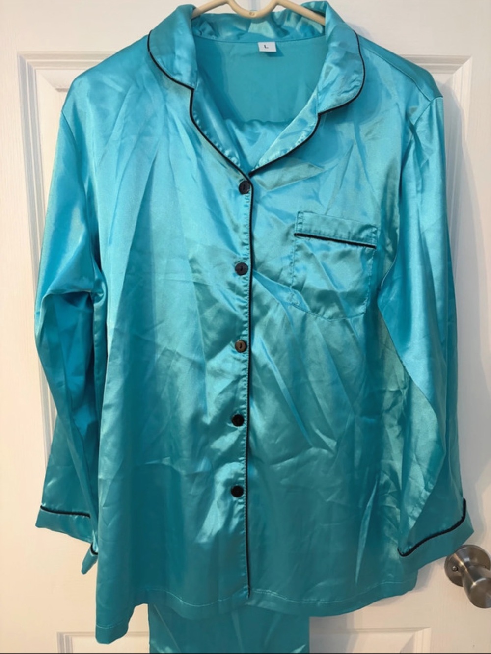 Amazon Women's Turquoise Satin Pajama Set with Black Piping